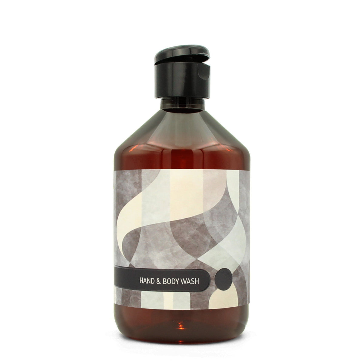 BY MONO plniteľná fľaštička „Abstract“ – umývací gél na ruky a telo, 500 ml, čierny flip-top uzáver