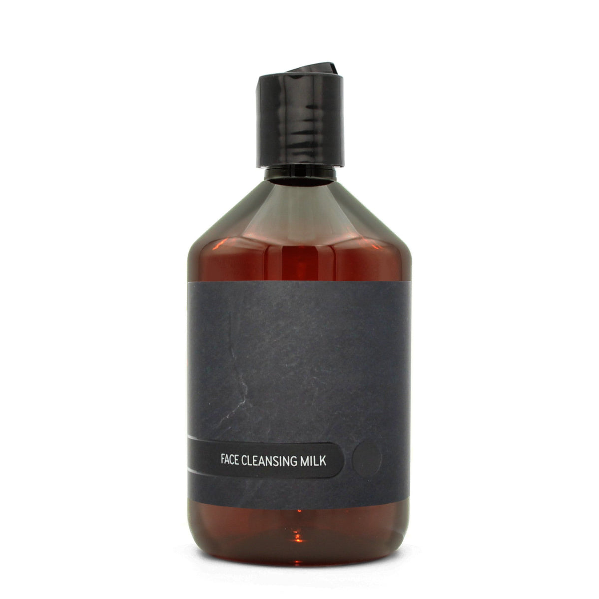BY MONO plniteľná fľaštička „Black Slate“ – pleťové čistiace mlieko, 500 ml, čierny disc-top uzáver