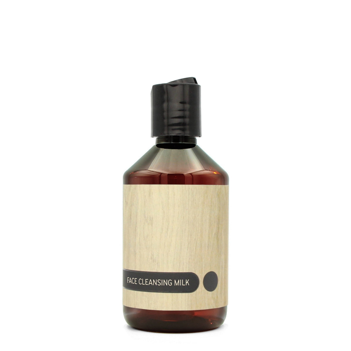 BY MONO plniteľná fľaštička „Oak“ – pleťové čistiace mlieko, 250 ml, čierny disc-top uzáver