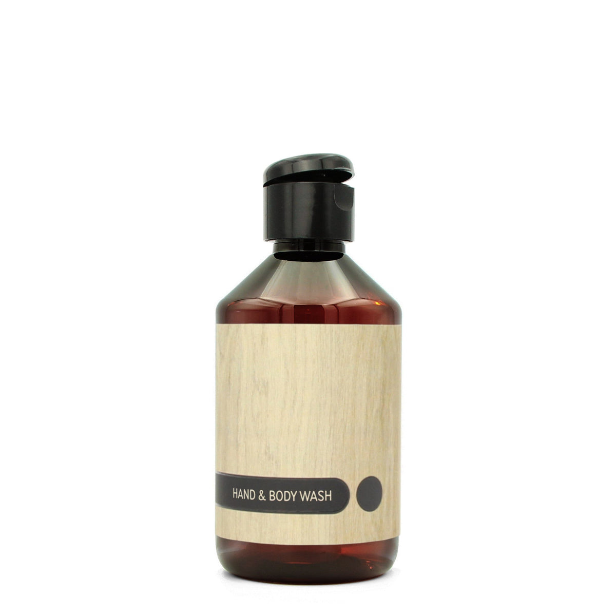 BY MONO plniteľná fľaštička „Oak“ – umývací gél na ruky a telo, 250 ml, čierny flip-top uzáver