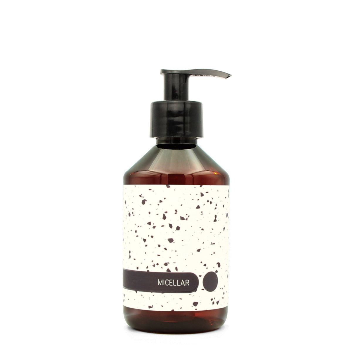 BY MONO plniteľná fľaštička „Terrazzo“ – micelárna voda, 250 ml, čierna pumpička
