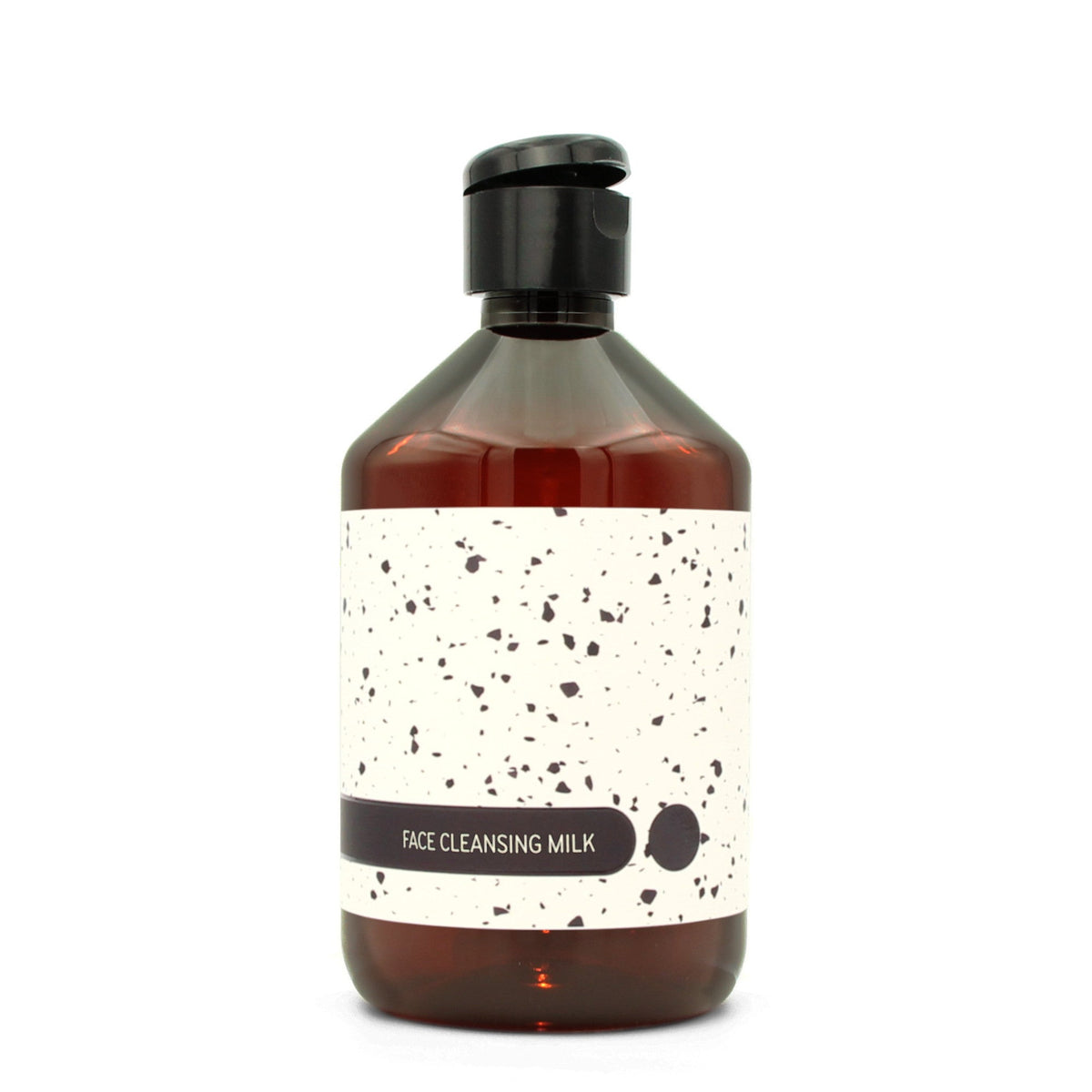 BY MONO plniteľná fľaštička „Terrazzo“ – pleťové čistiace mlieko, 500 ml, čierny flip-top uzáver